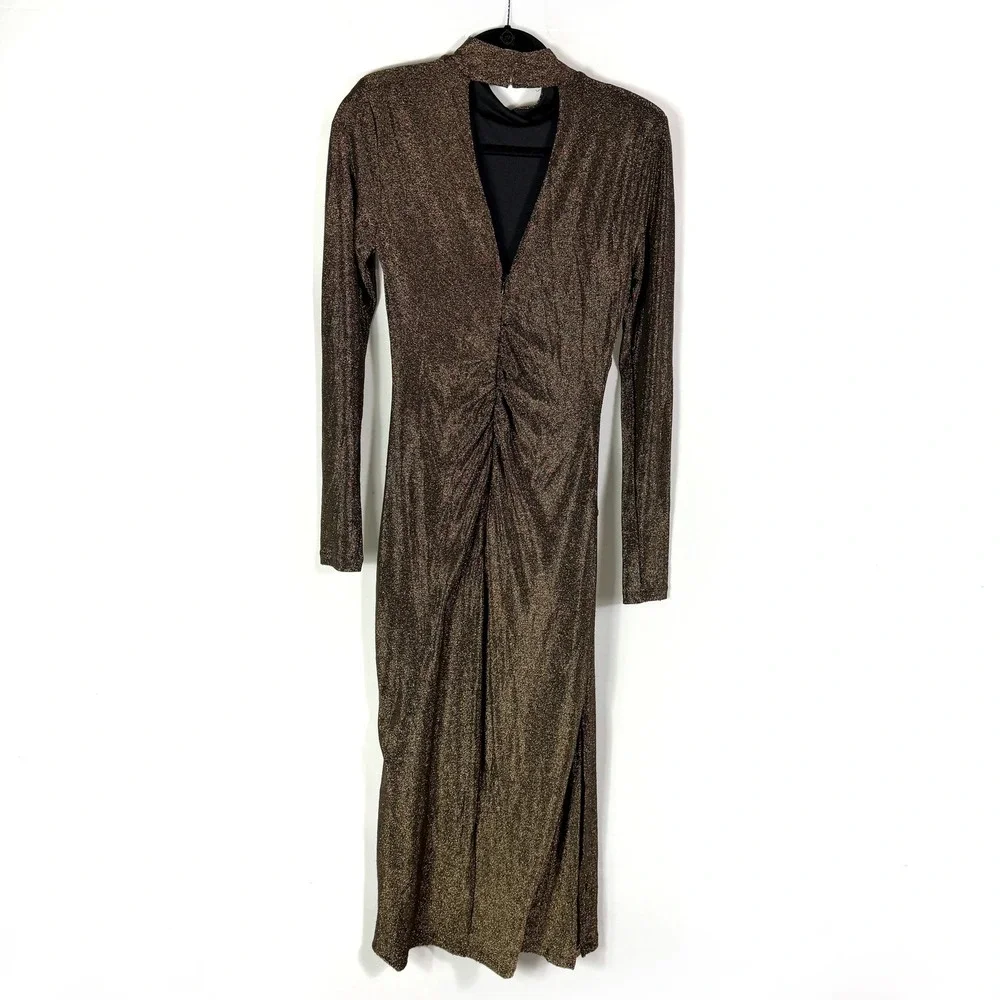 Ramy Brook Amarilys Dress Metallic Gold Shimmer Mock Neck Ruched Midi Sz L - Picture 13 of 15